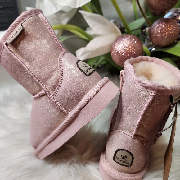 BEARPAW Elle Exotic Youth Classic Suede Pink Glitter boots new - Picture 4 of 11